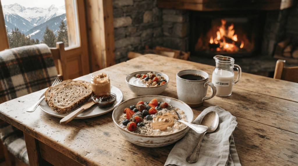 Un petit-déjeuner vegan est servi sur une table près d'une fenêtre avec un porridge, des fruits rouges, du beurre de cacahuète, du pain complet, un yaourt végétal, un café et une boisson végétale.