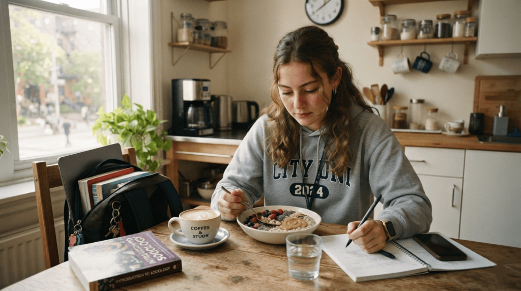 Une étudiante prend un petit-déjeuner vegan dans son appartement avant de partir en cours.