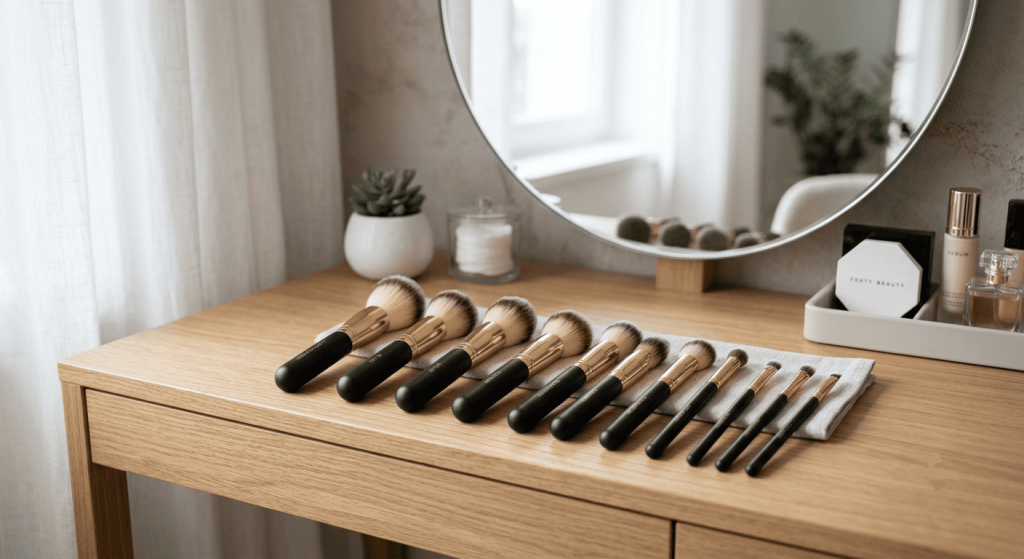 Collection de pinceaux de maquillage vegan à fibres synthétiques.
