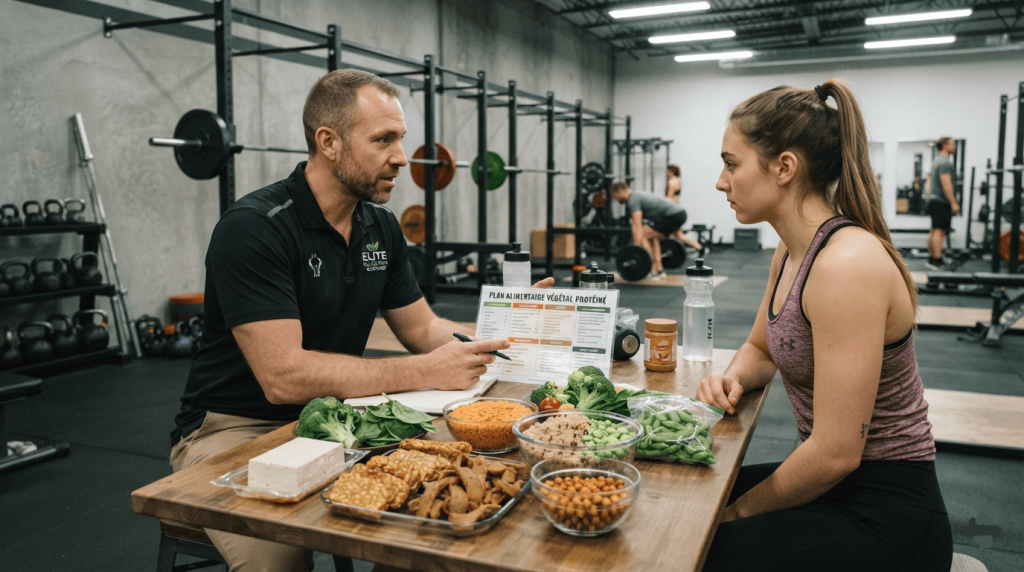 Un coach sportif présente un programme alimentaire vegan à une sportive dans une salle de musculation en s'appuyant sur des aliments comme le tofu, le tempeh, le seitan, les légumineuses et le quinoa.