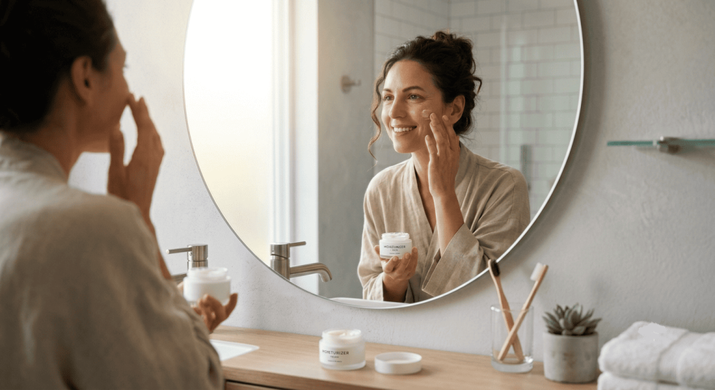 Une femme applique une crème hydratante vegan sur son visage devant le miroir de sa salle de bain.