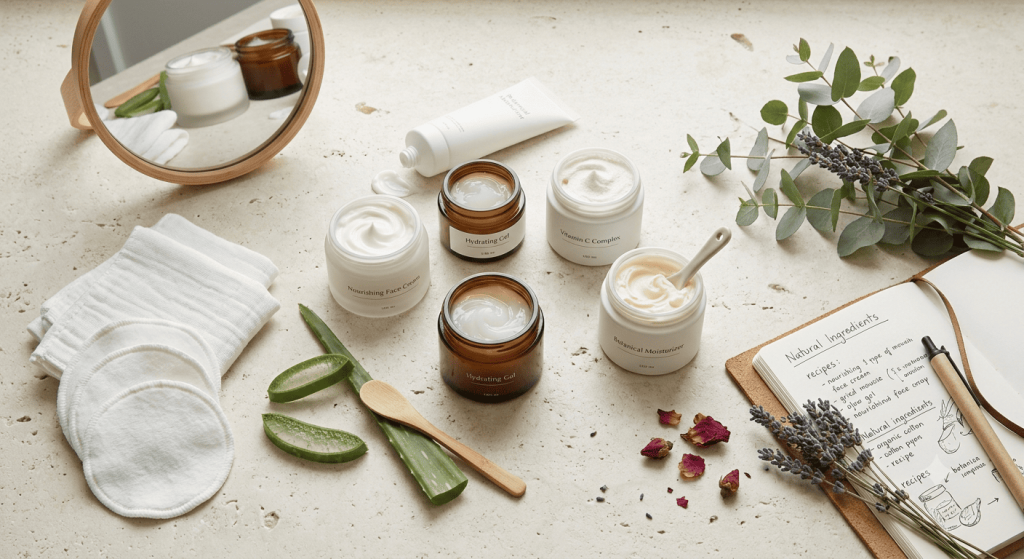 Plusieurs crèmes hydratantes vegan et accessoires de soin du visage sont disposés sur une surface en pierre claire.