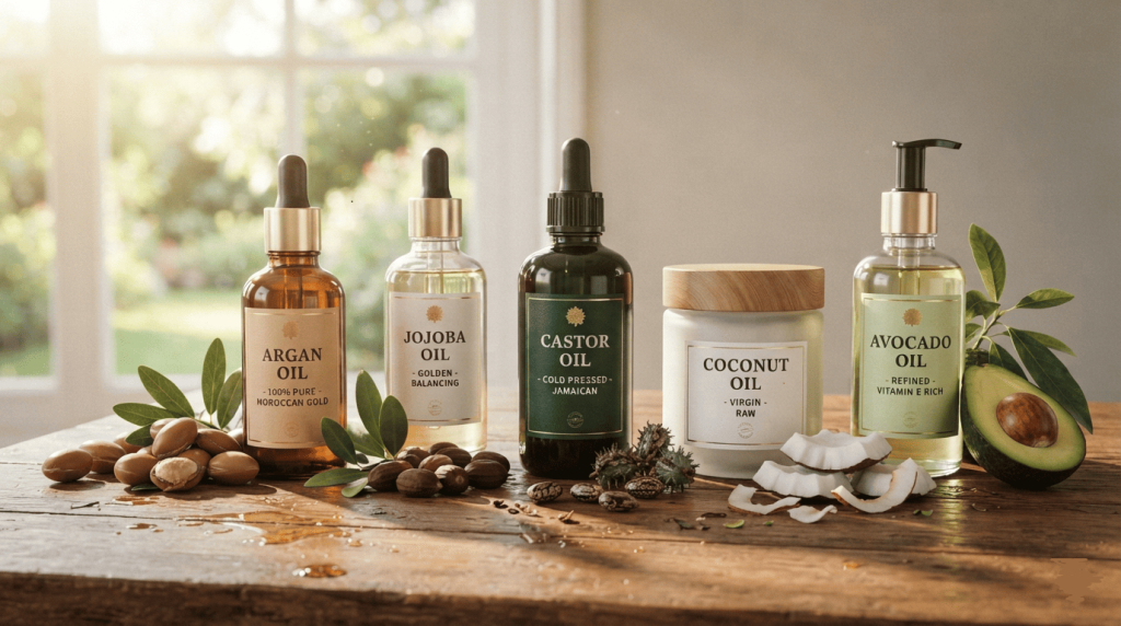 Différentes huiles végétales pour les cheveux, dont l'huile d'argan, de jojoba, de ricin et de coco, présentées dans des flacons en verre.