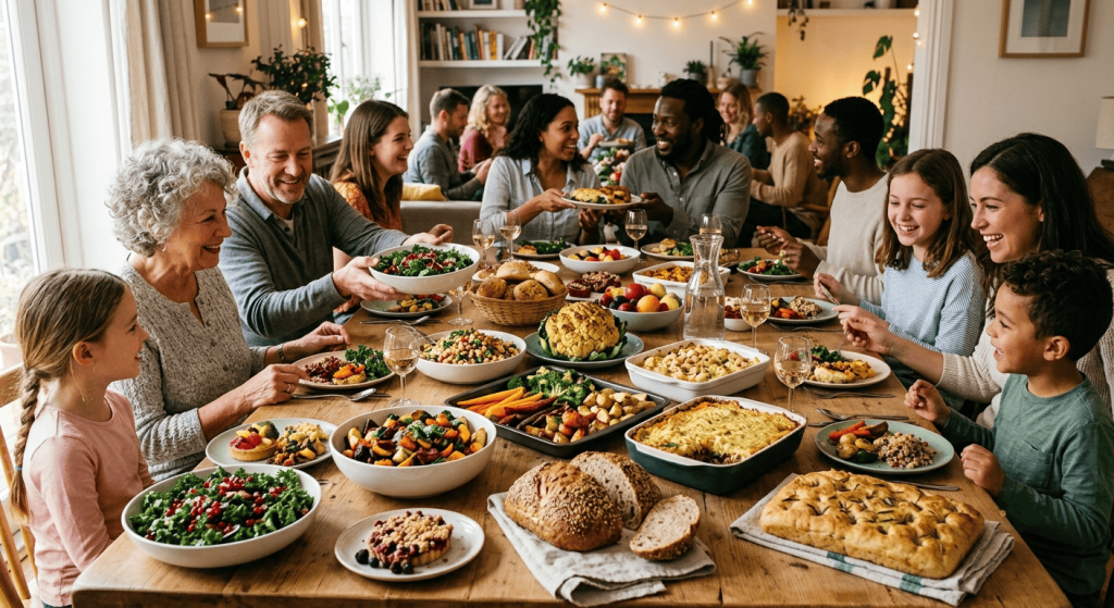 Des invités de plusieurs générations partagent un repas vegan convivial autour d'une grande table.