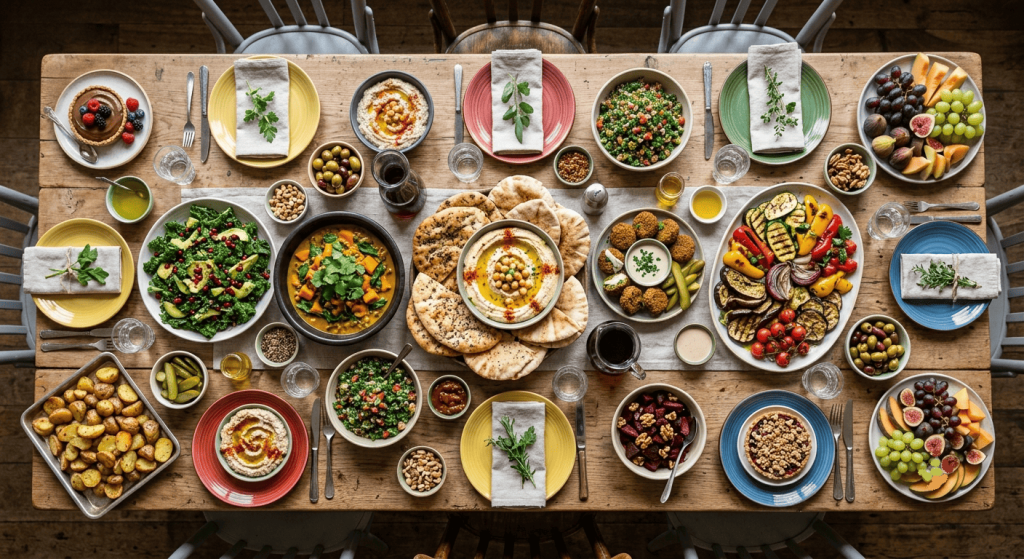Vue du dessus d'une table garnie de nombreux plats vegan à partager lors d'un repas entre amis ou en famille.