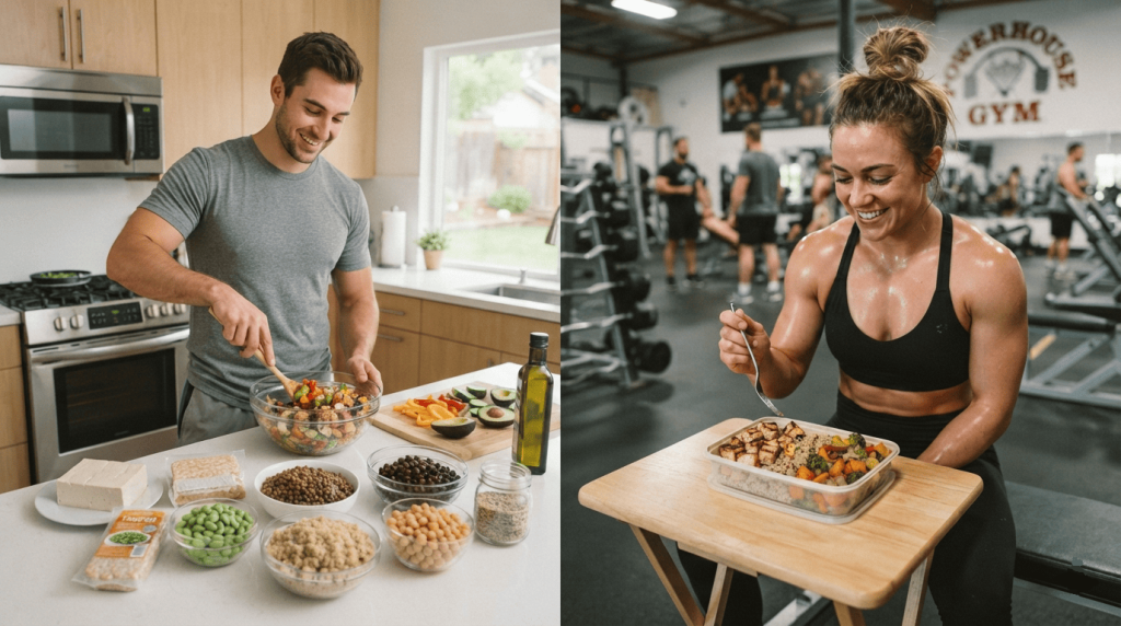 Une femme prend un repas vegan riche en protéines après une séance de musculation.