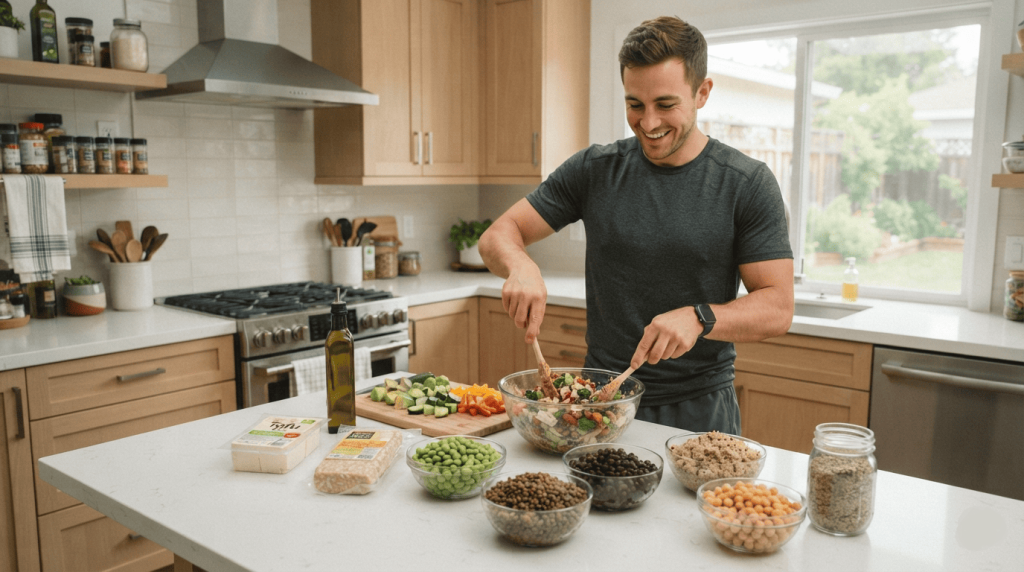 Un sportif prépare un repas vegan riche en protéines avec du tofu, du quinoa, des lentilles et des légumes.