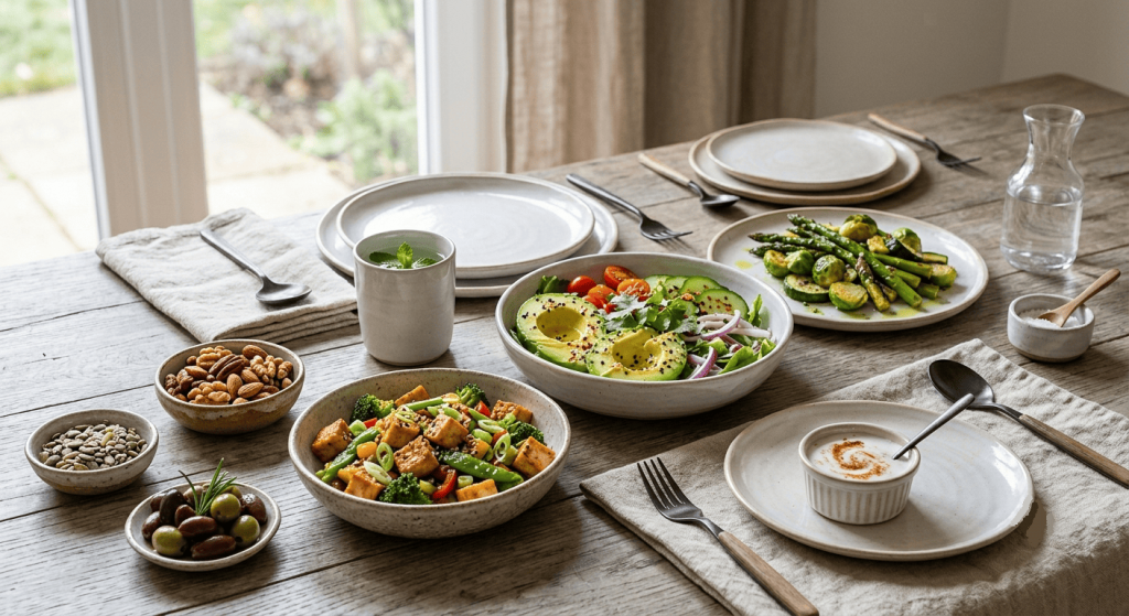 Une table dressée présente plusieurs plats keto vegan composés de salade à l'avocat, tofu sauté, légumes verts rôtis, olives, noix, crème de coco et graines. La scène ne montre aucune personne et met en valeur la diversité des aliments.