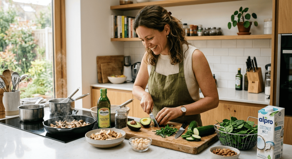 Une femme prépare un repas keto vegan dans une cuisine moderne et lumineuse. Sur le plan de travail se trouvent des avocats, du tofu grillé, des noix de macadamia, de l'huile d'olive, des graines de chia, des épinards, des courgettes, des champignons, du lait de coco et des amandes.