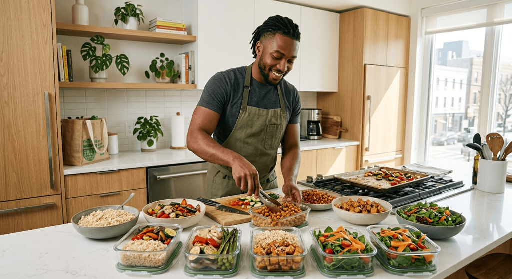 Un jeune homme prépare plusieurs lunch boxes contenant du riz complet, du tofu, des pois chiches, des légumes grillés et une salade pour organiser ses repas de la semaine.
