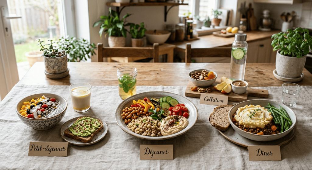 Une table présente un exemple de menu vegan complet pour une journée avec un petit-déjeuner, un déjeuner, une collation et un dîner équilibrés.