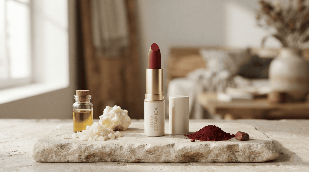 Rouge à lèvres vegan rouge posé avec des ingrédients d'origine végétale sur un fond en pierre claire.