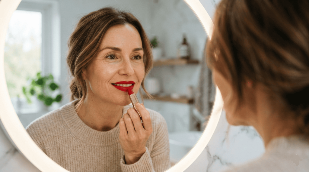 Femme appliquant un rouge à lèvres vegan rouge devant un miroir dans une salle de bain lumineuse.