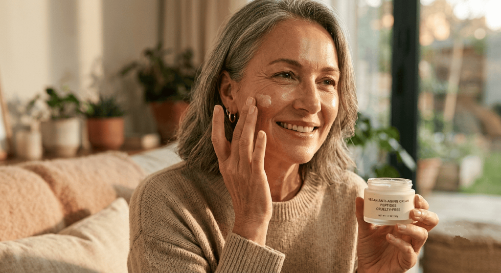 Une femme de 60 ans applique une crème anti-âge vegan sur son visage dans une lumière naturelle.
