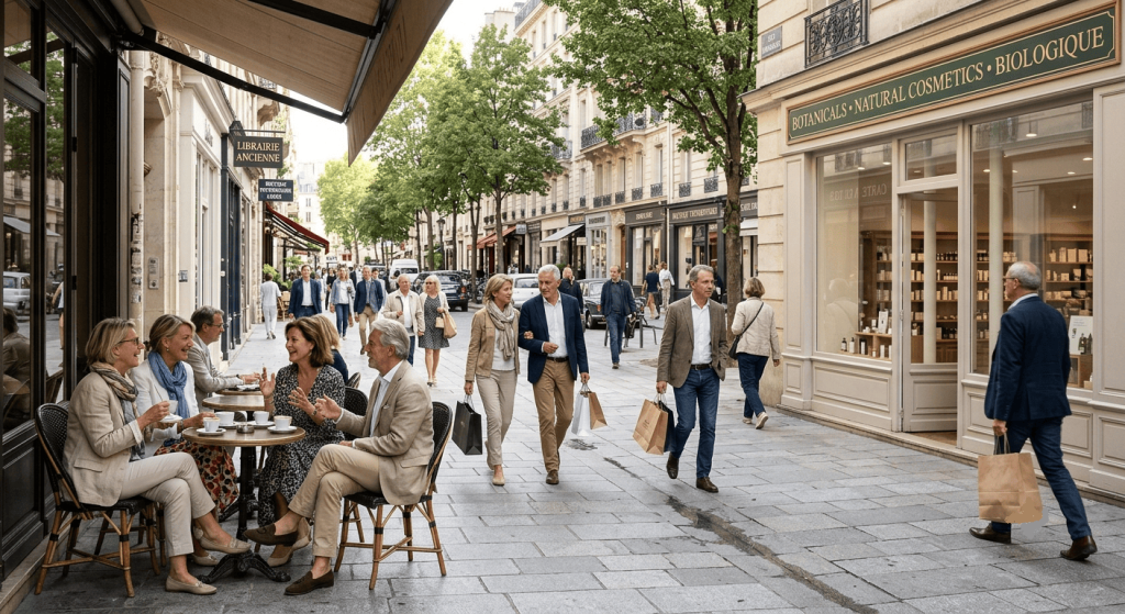 Des adultes de plus de 50 ans se promènent dans une rue commerçante où se trouve une boutique de cosmétiques naturels.