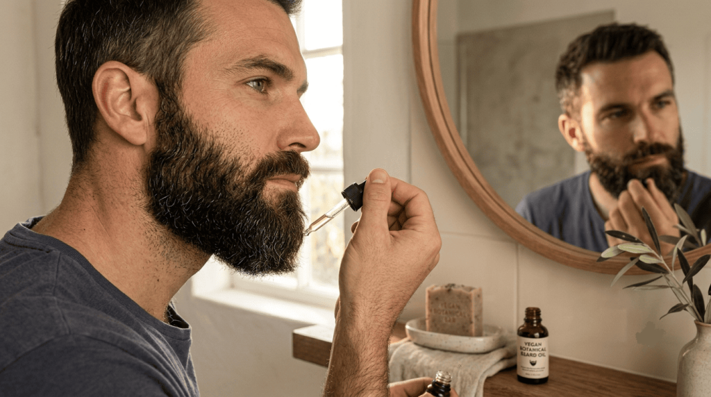 Un homme applique une huile à barbe vegan devant le miroir de sa salle de bain.