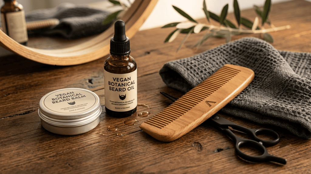 Huile, baume, peigne et accessoires pour l'entretien d'une barbe avec des produits vegan.