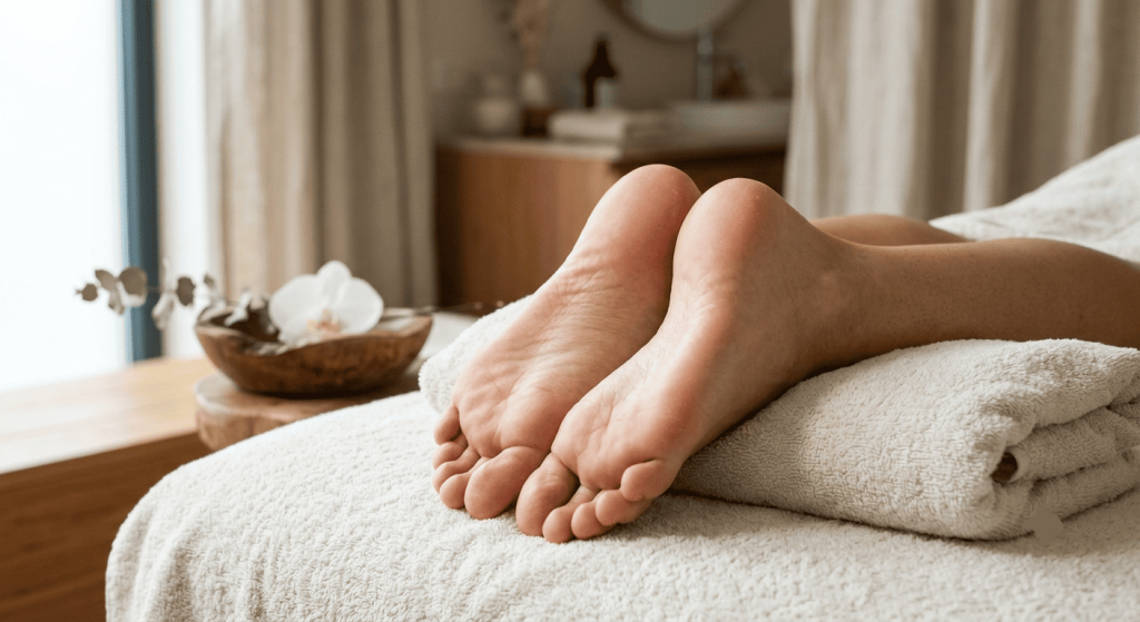 Gros plan sur des pieds reposant sur une serviette après un soin hydratant.