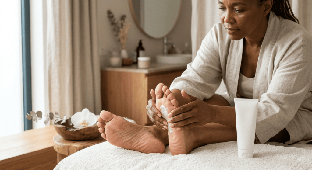 Femme appliquant une crème vegan sur ses pieds dans une salle de bain lumineuse.