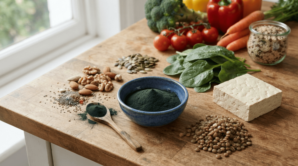 Un bol de spiruline en poudre est présenté aux côtés de tofu, de lentilles, d'épinards, de graines et de légumes frais sur un plan de travail.