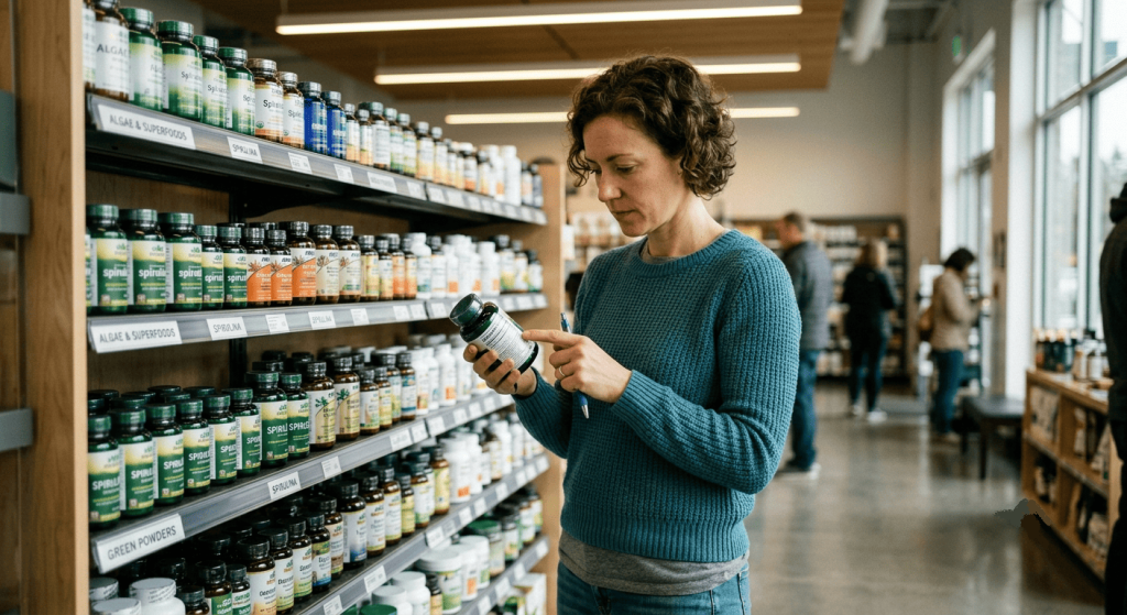 Une cliente compare différents compléments alimentaires à base de spiruline dans un magasin bio ou une boutique spécialisée en nutrition.