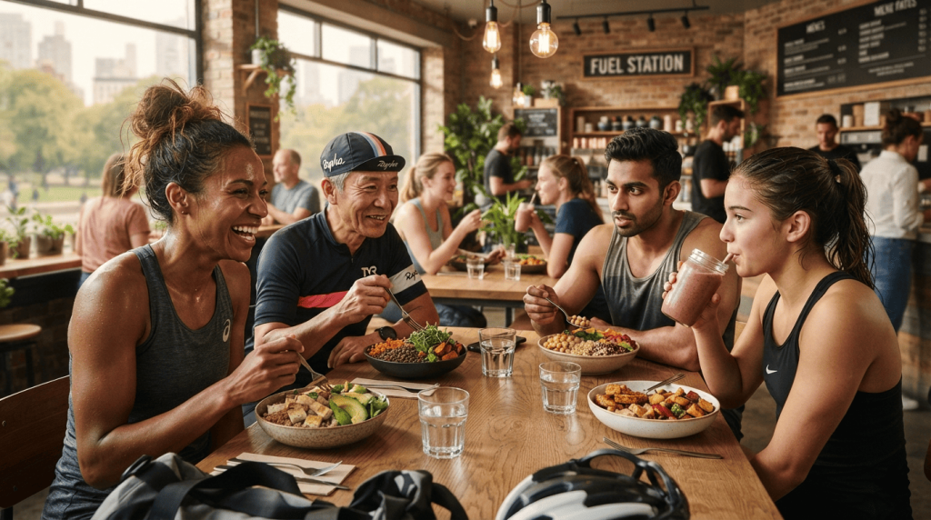 Des sportifs de différentes disciplines prennent un repas vegan équilibré dans un café dédié à la nutrition sportive après leur séance d'entraînement.
