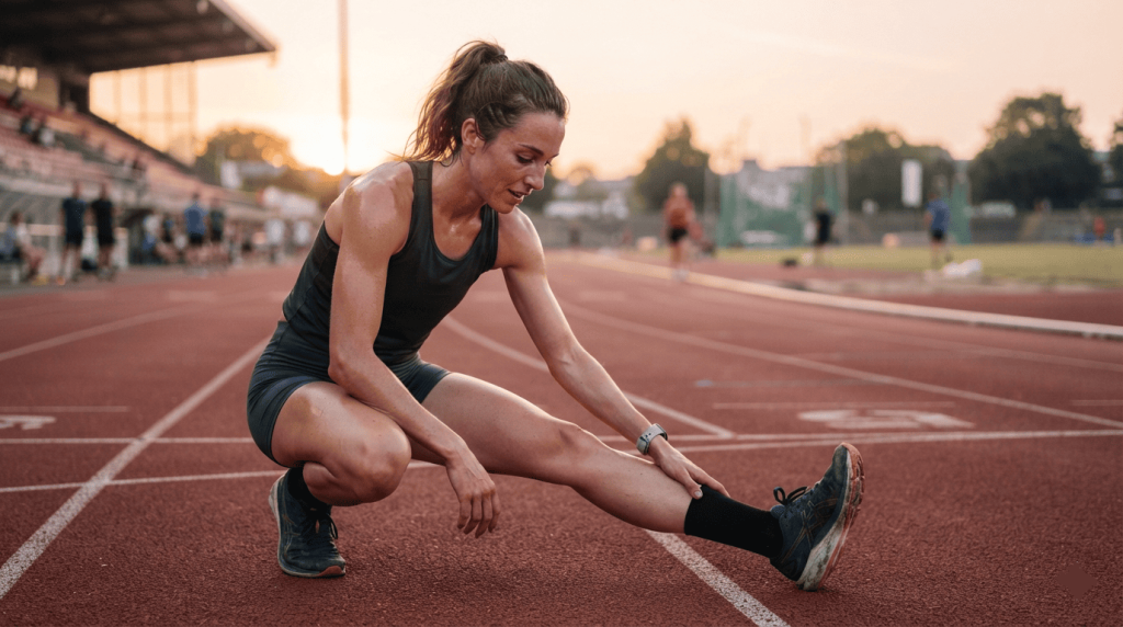 Une marathonienne professionnelle s'étire après un entraînement intensif sur une piste d'athlétisme au lever du soleil.