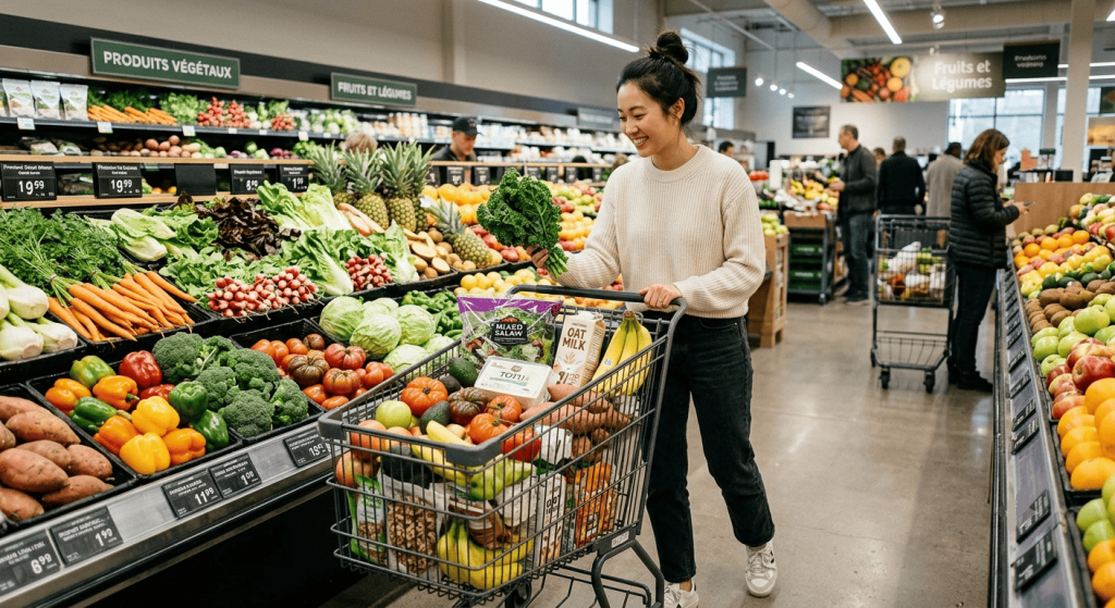 Une jeune femme fait ses courses dans le rayon fruits et légumes d'un supermarché avec un chariot rempli principalement de produits végétaux.