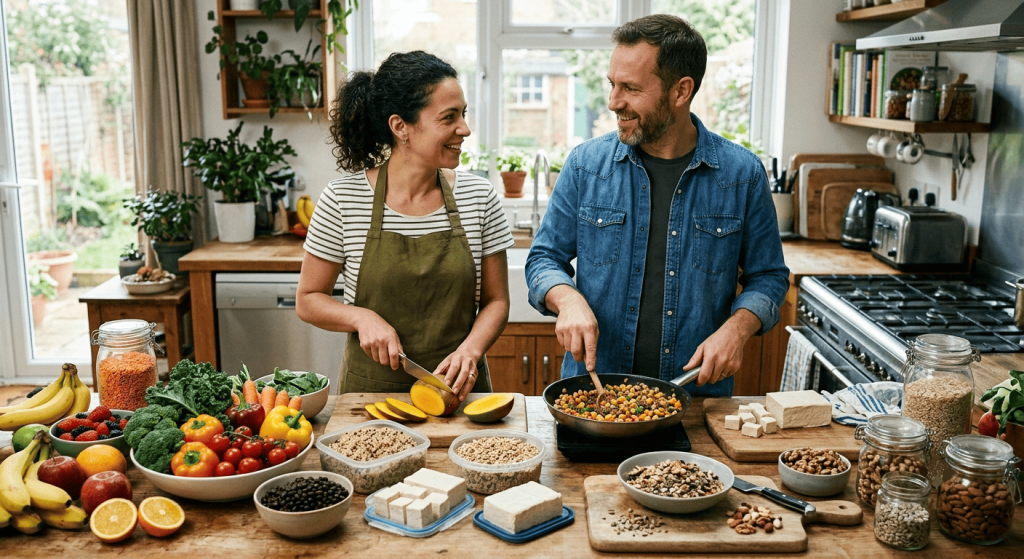 Un couple prépare un repas vegan équilibré dans une cuisine familiale en utilisant des légumes, des légumineuses, des céréales complètes, du tofu, des fruits, des noix et des graines.