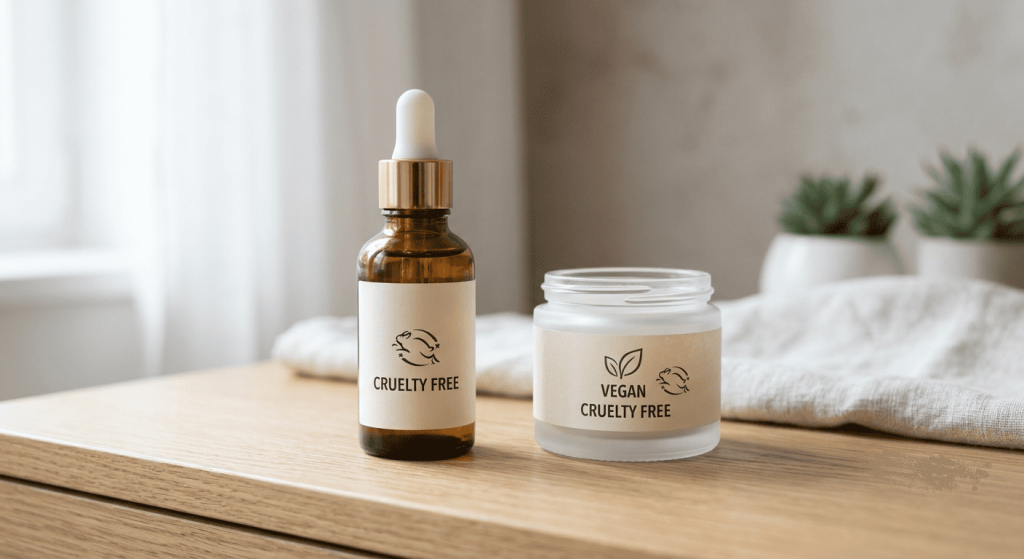 Deux cosmétiques comparant les mentions Vegan et Cruelty Free sur leurs emballages.