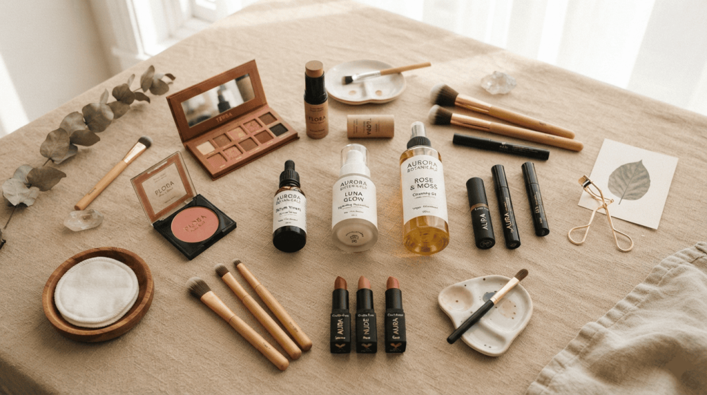 Sélection de produits de maquillage vegan présentés sur un fond beige.