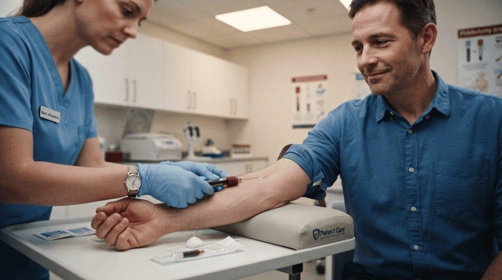 Un professionnel de santé réalise une prise de sang sur un patient dans un laboratoire d'analyses médicales.