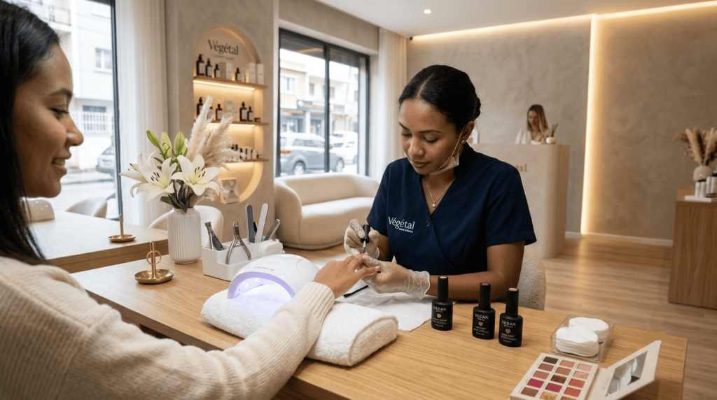 Pose de vernis semi-permanent vegan réalisée dans un institut de beauté.