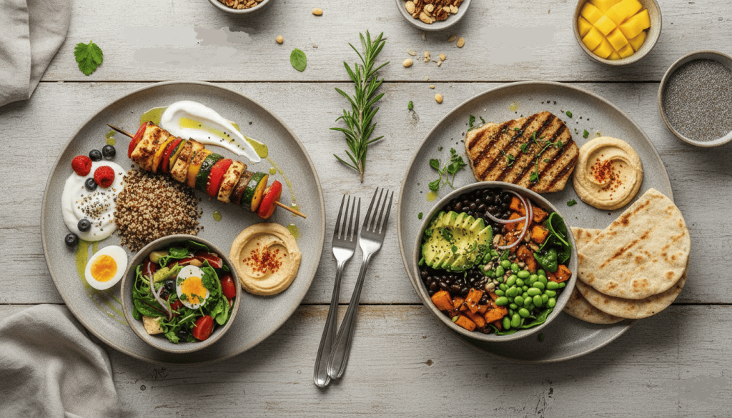 Deux repas équilibrés comparant une assiette végétarienne et une assiette vegan.